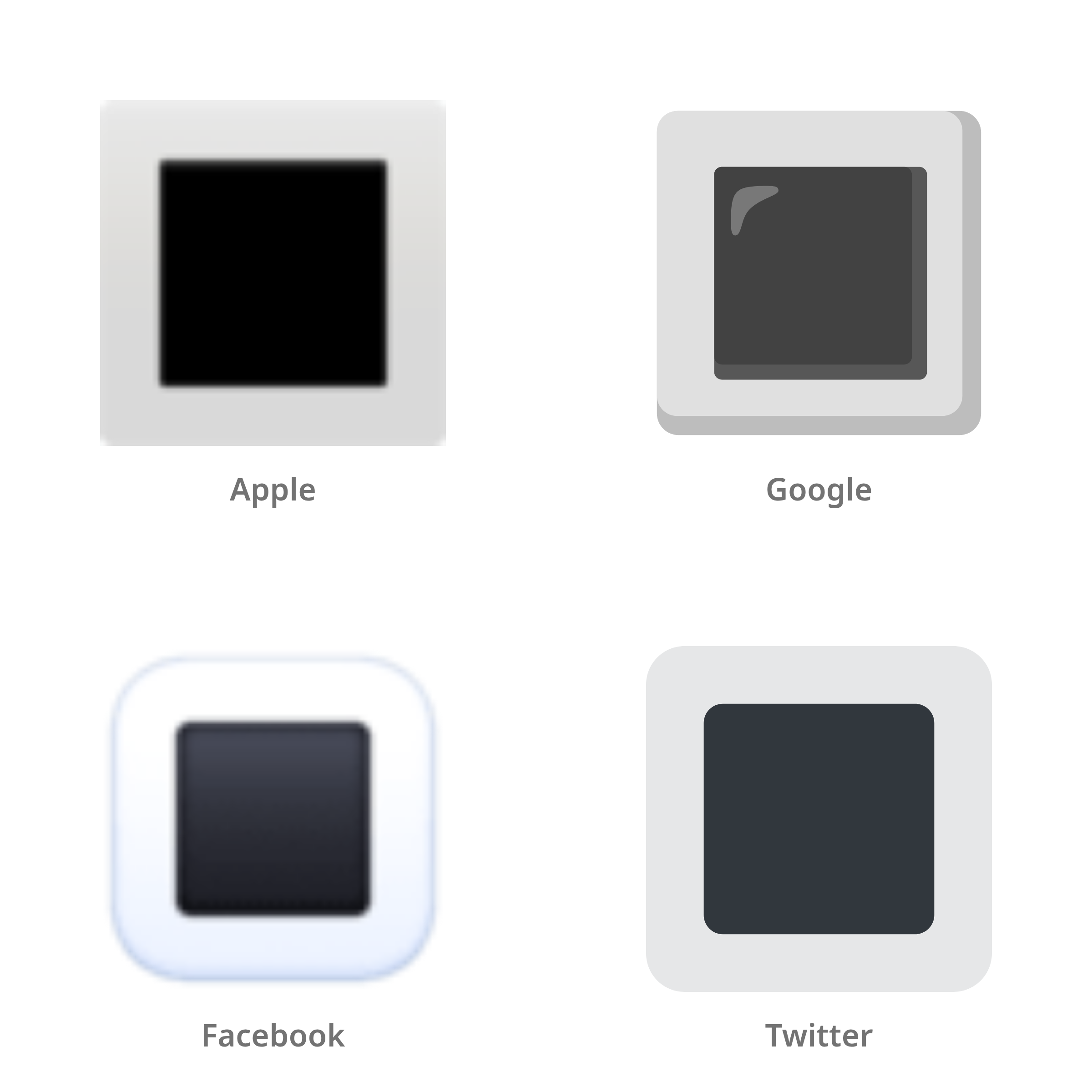 De emoji witte vierkante knop in Apple-, Google-, Facebook- en Twitter-stijl