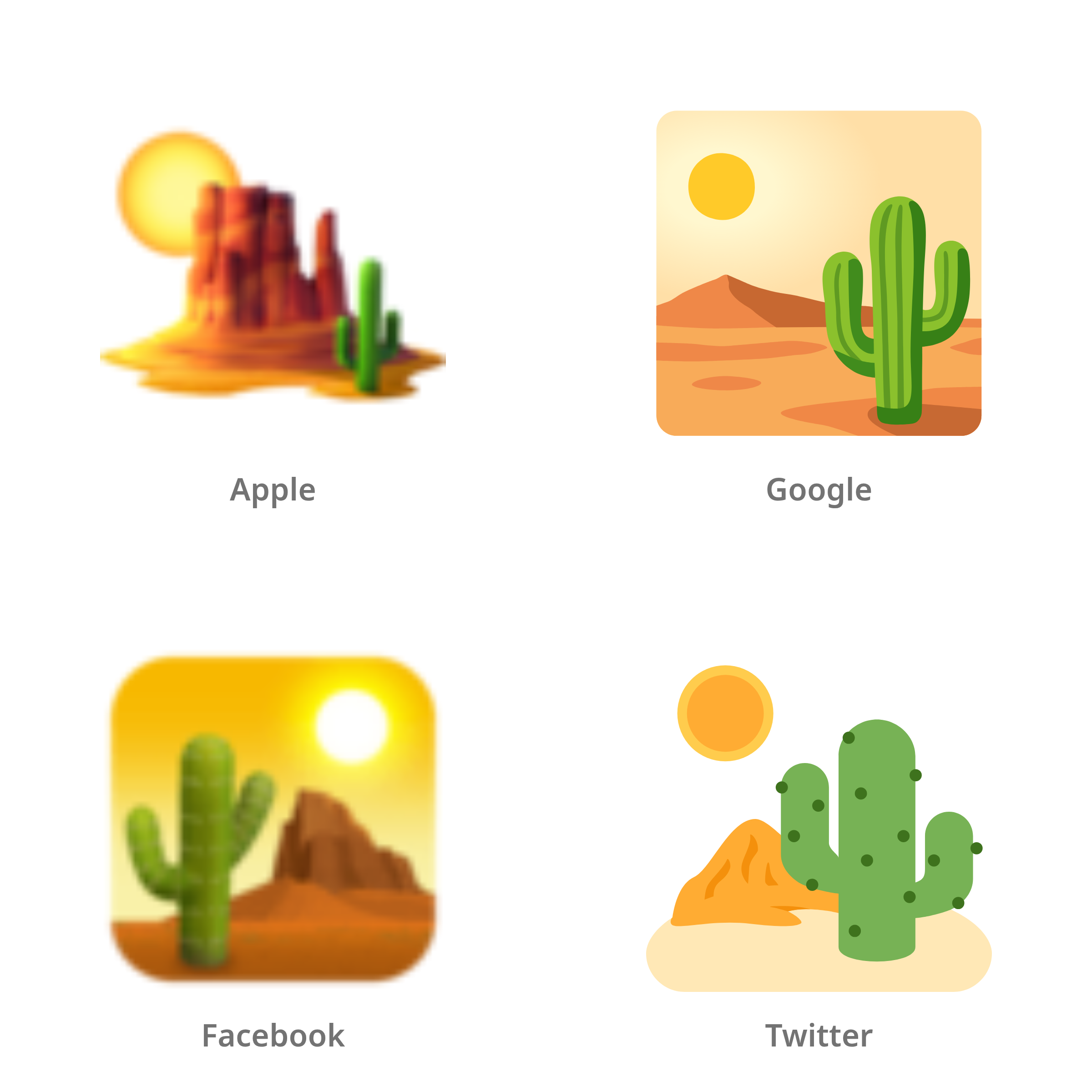 De emoji woestijn in Apple-, Google-, Facebook- en Twitter-stijl