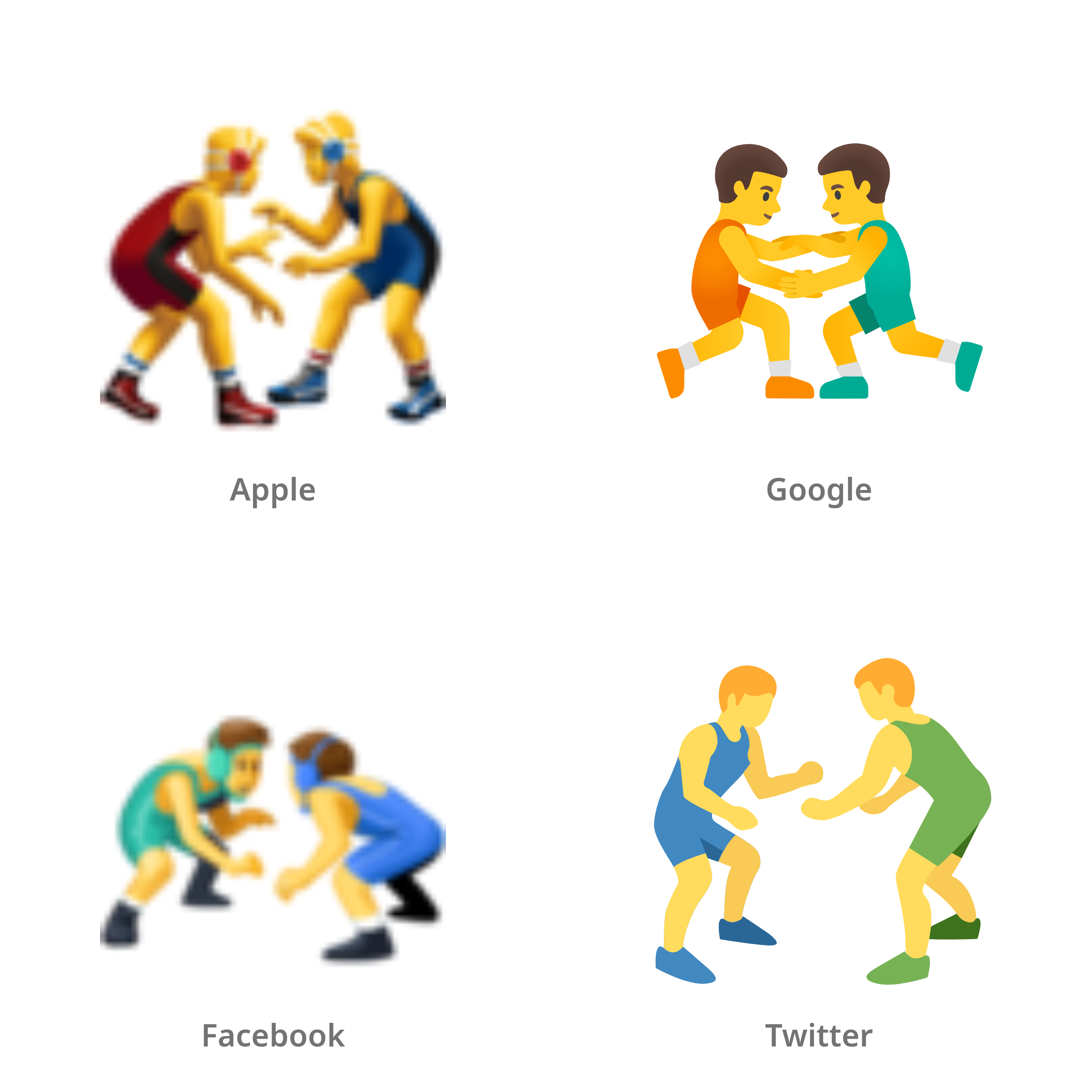 De emoji worstelende mannen in Apple-, Google-, Facebook- en Twitter-stijl