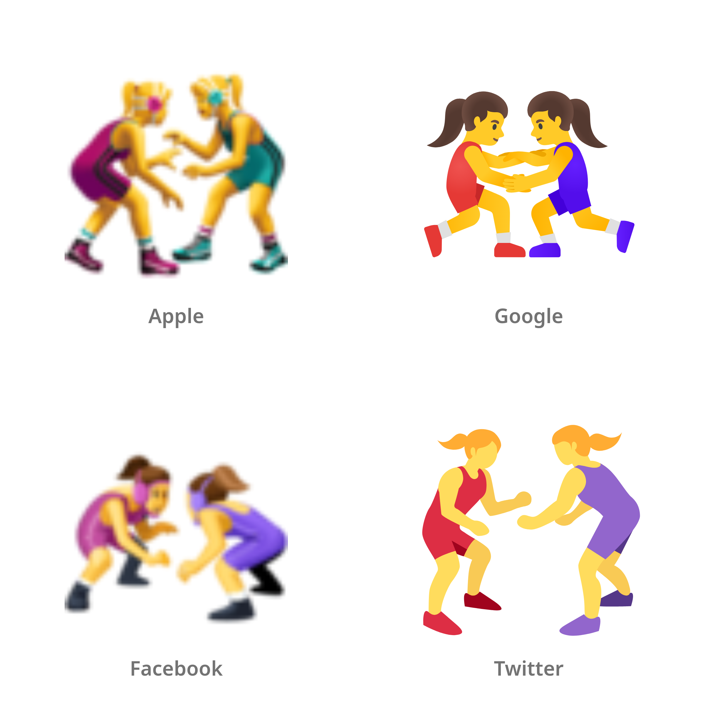 De emoji worstelende vrouwen in Apple-, Google-, Facebook- en Twitter-stijl