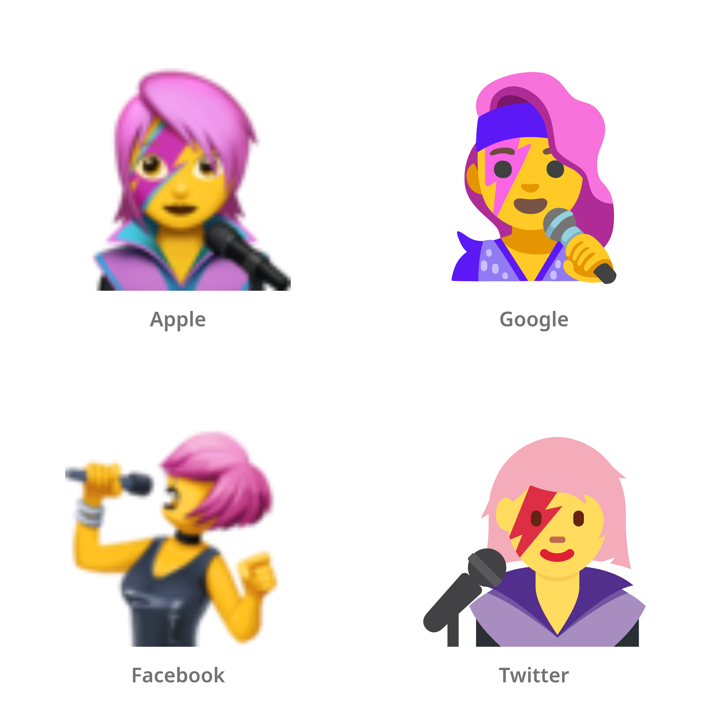 De emoji zangeres in Apple-, Google-, Facebook- en Twitter-stijl