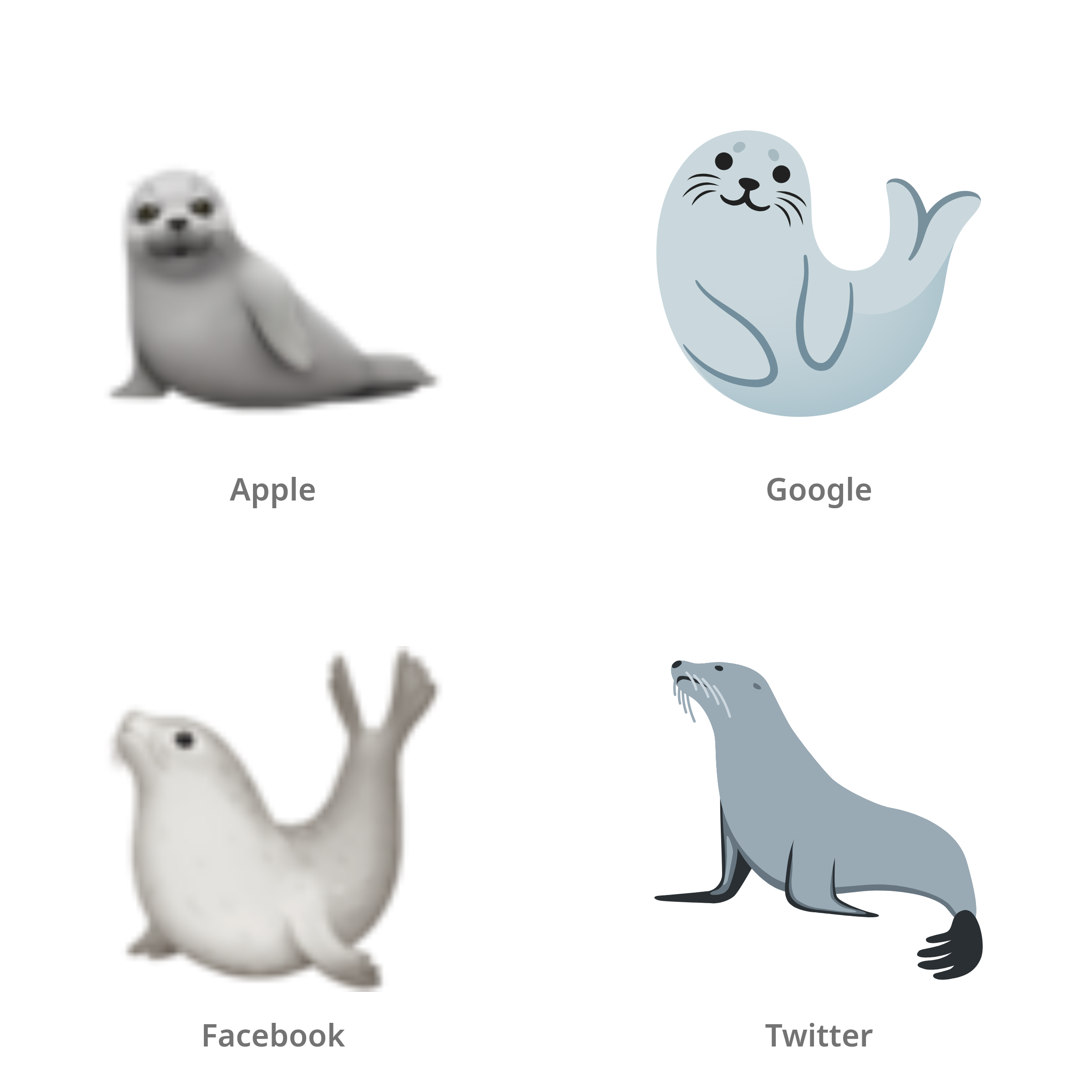 De emoji zeehond in Apple-, Google-, Facebook- en Twitter-stijl