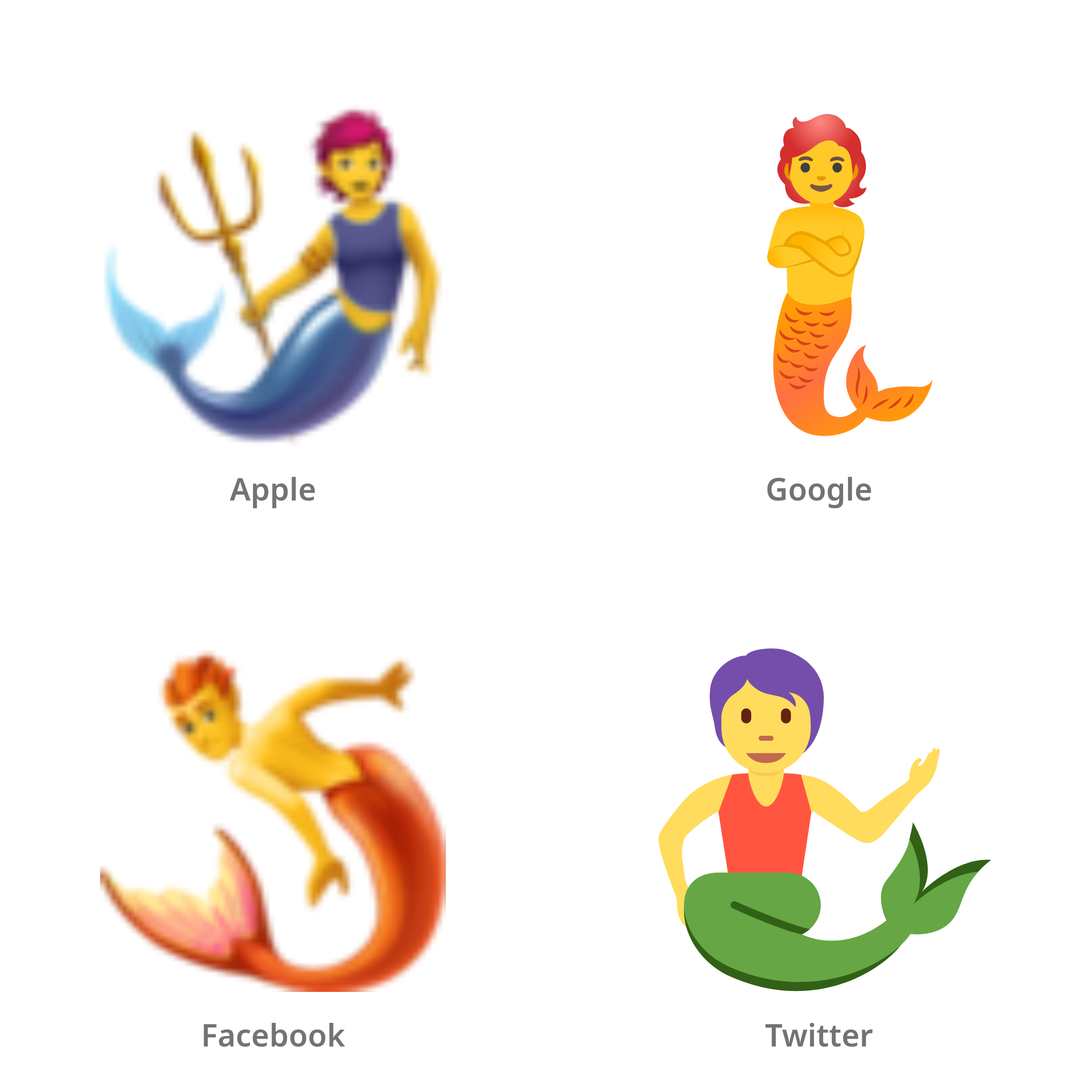 De emoji zeemeermin in Apple-, Google-, Facebook- en Twitter-stijl