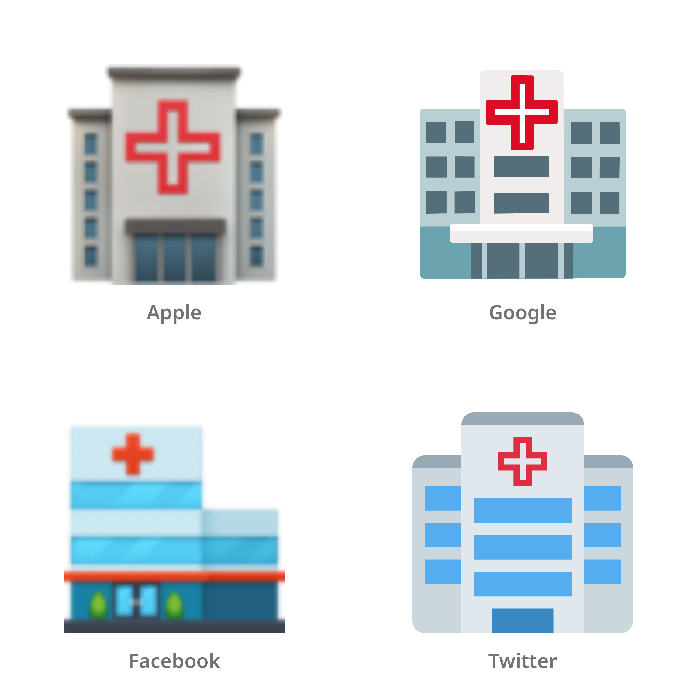 De emoji ziekenhuis in Apple-, Google-, Facebook- en Twitter-stijl