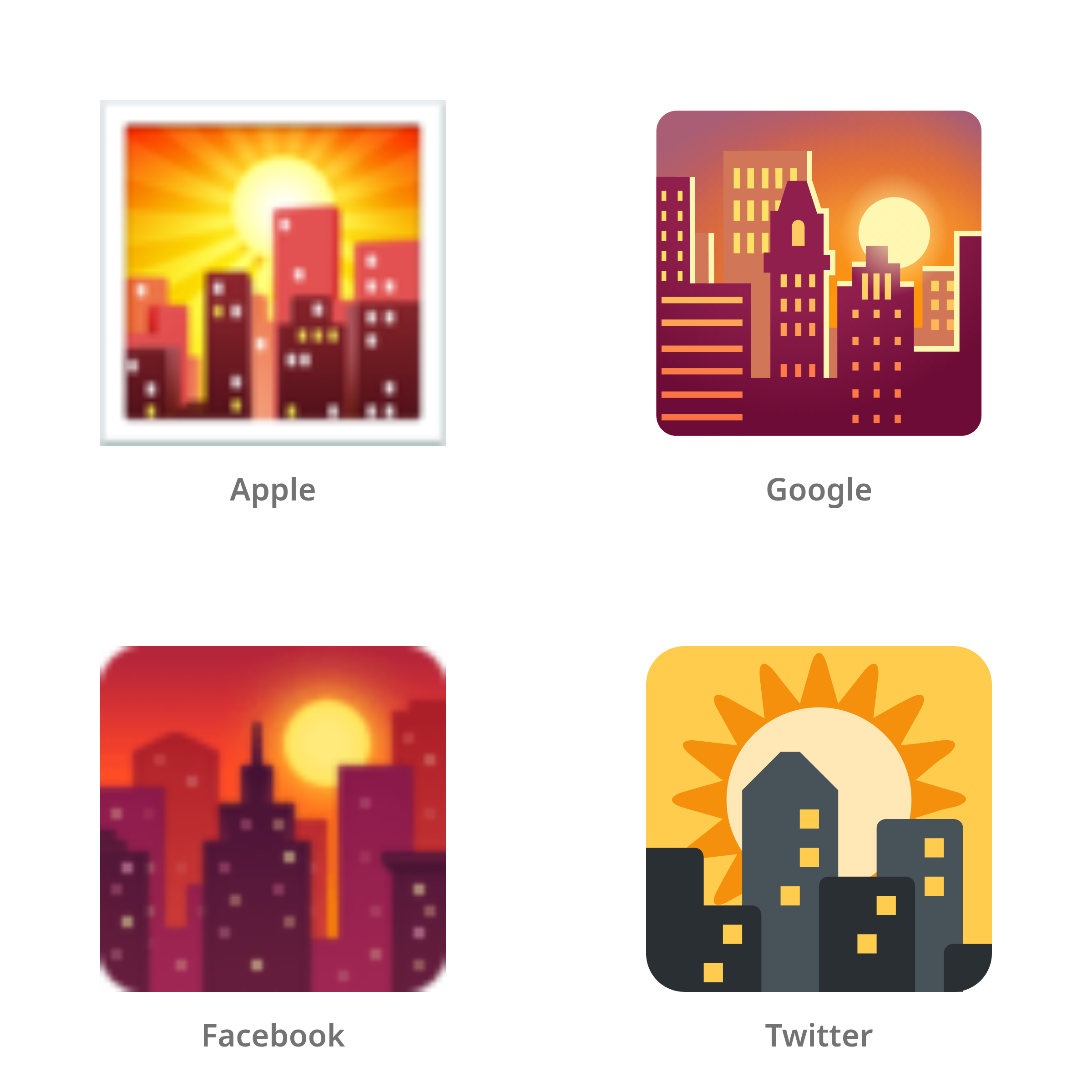 De emoji zonsondergang in Apple-, Google-, Facebook- en Twitter-stijl