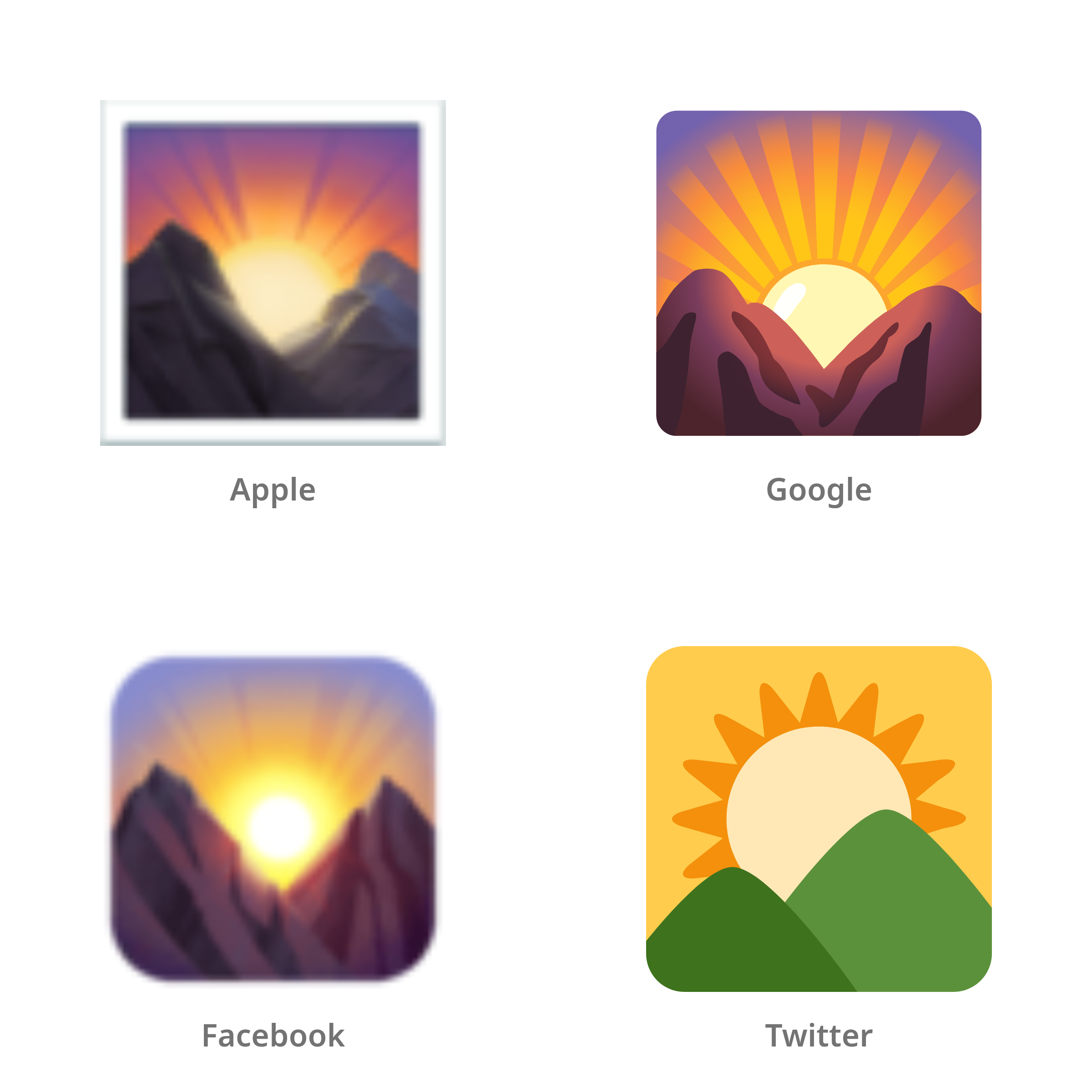 De emoji zonsopgang in de bergen in Apple-, Google-, Facebook- en Twitter-stijl