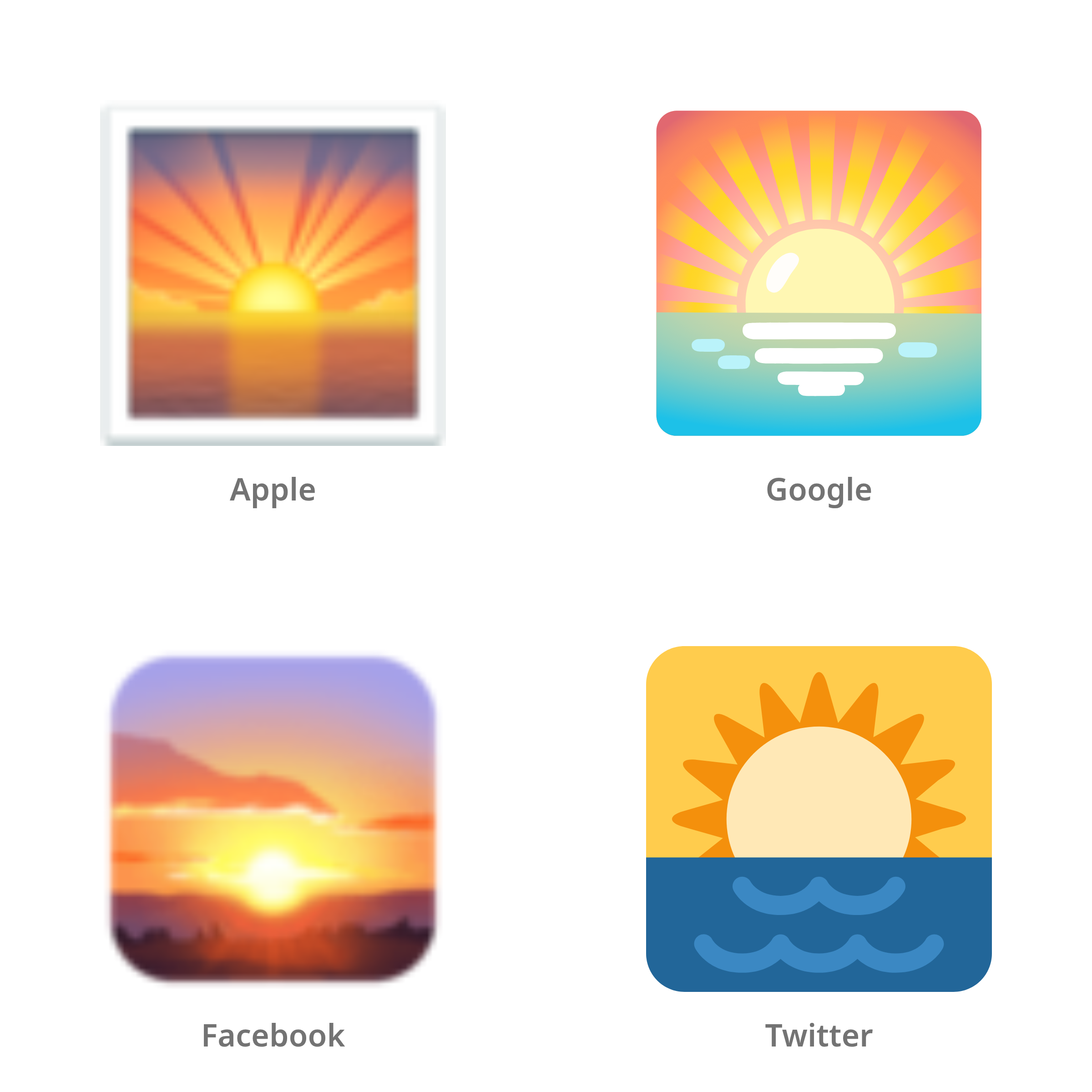 De emoji zonsopgang in Apple-, Google-, Facebook- en Twitter-stijl