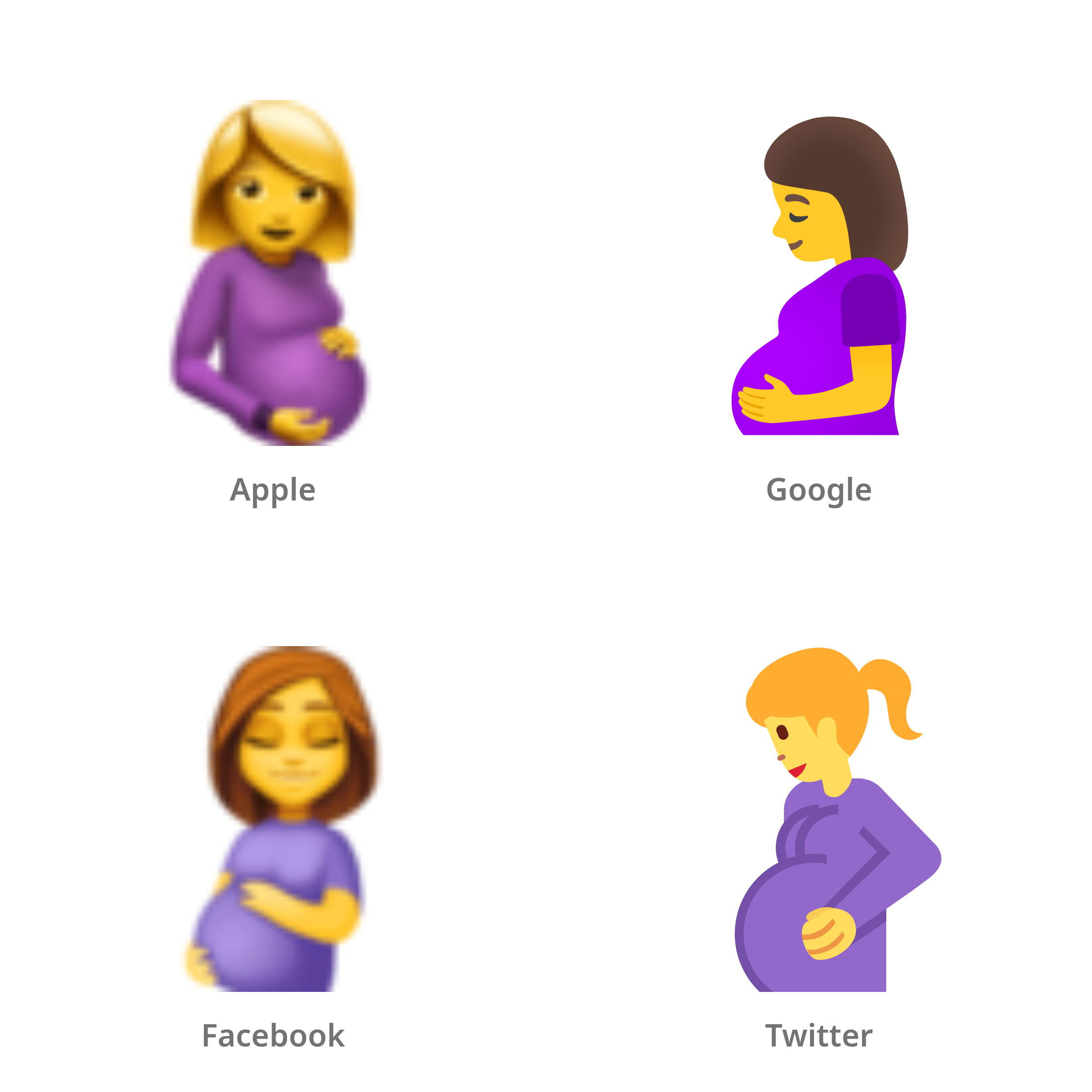 De emoji zwangere vrouw in Apple-, Google-, Facebook- en Twitter-stijl