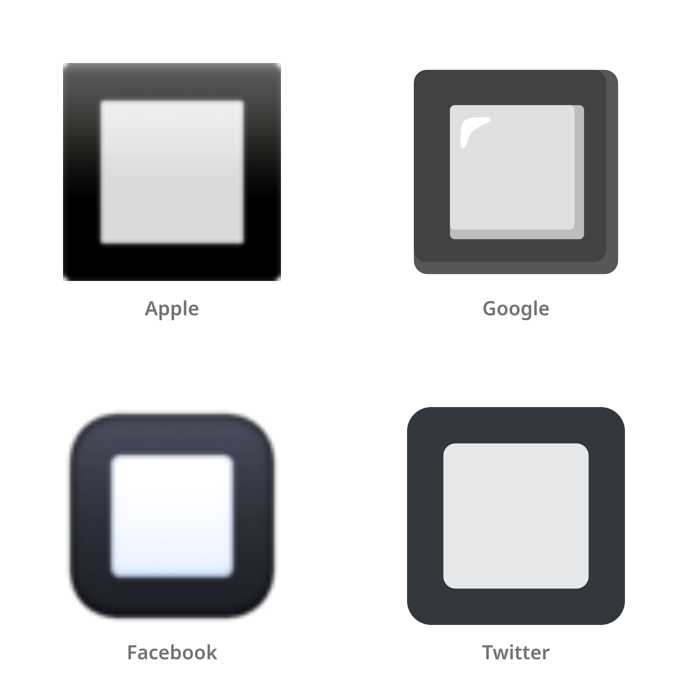 De emoji zwarte vierkante knop in Apple-, Google-, Facebook- en Twitter-stijl