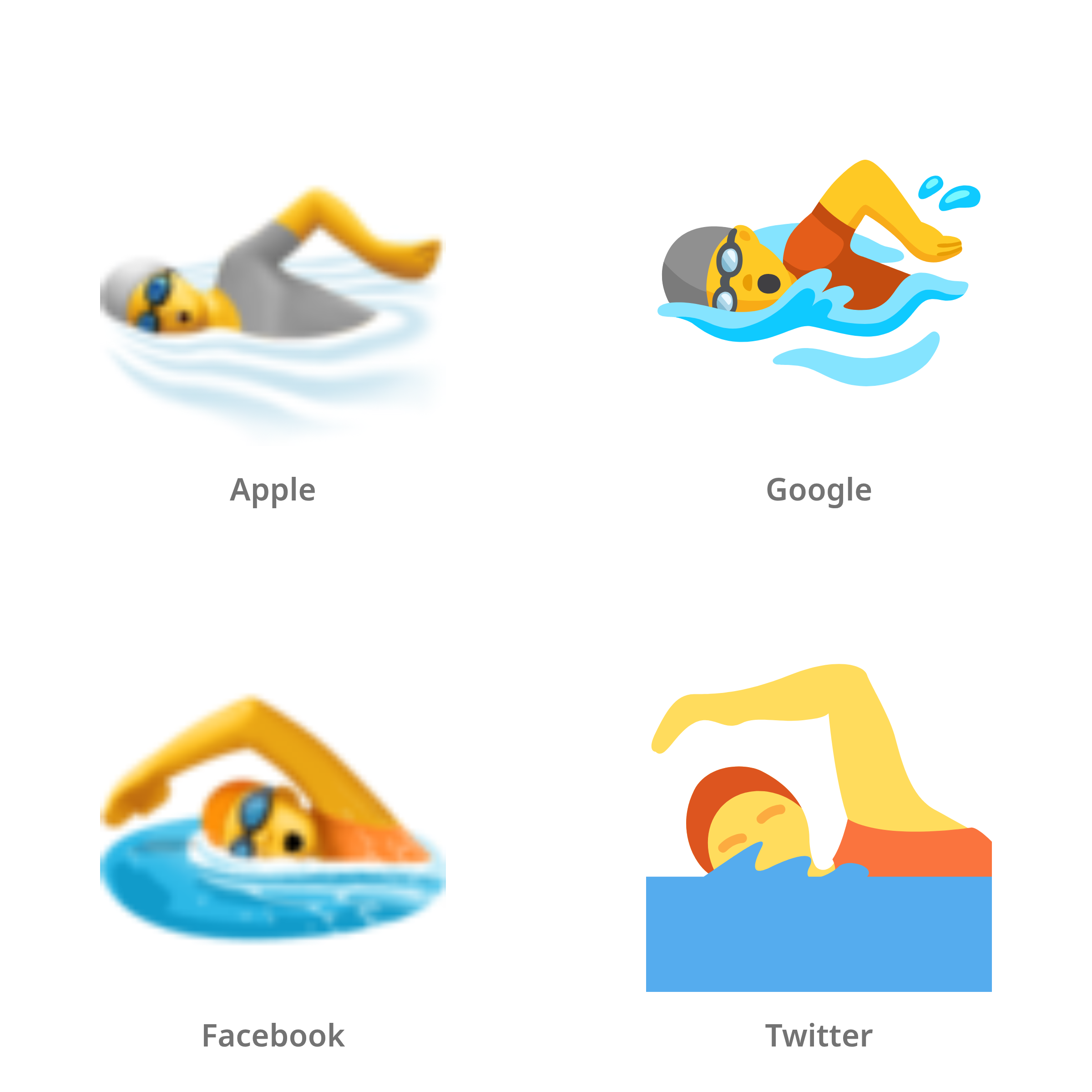 De emoji zwemmende persoon in Apple-, Google-, Facebook- en Twitter-stijl