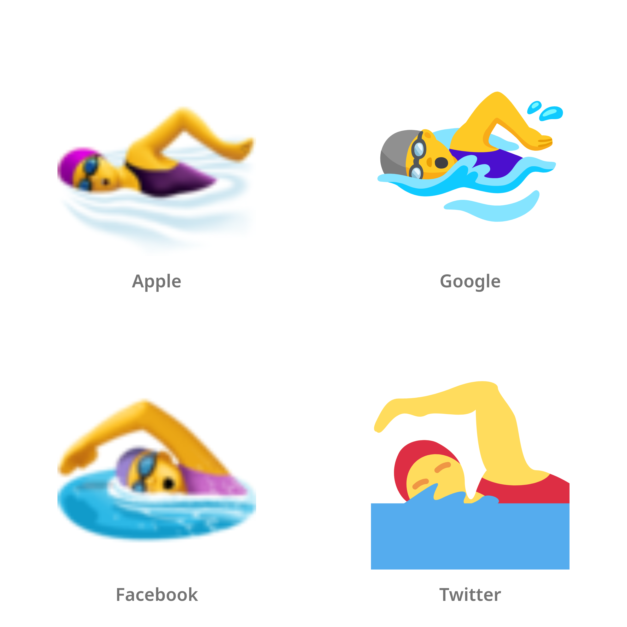 De emoji zwemmende vrouw in Apple-, Google-, Facebook- en Twitter-stijl