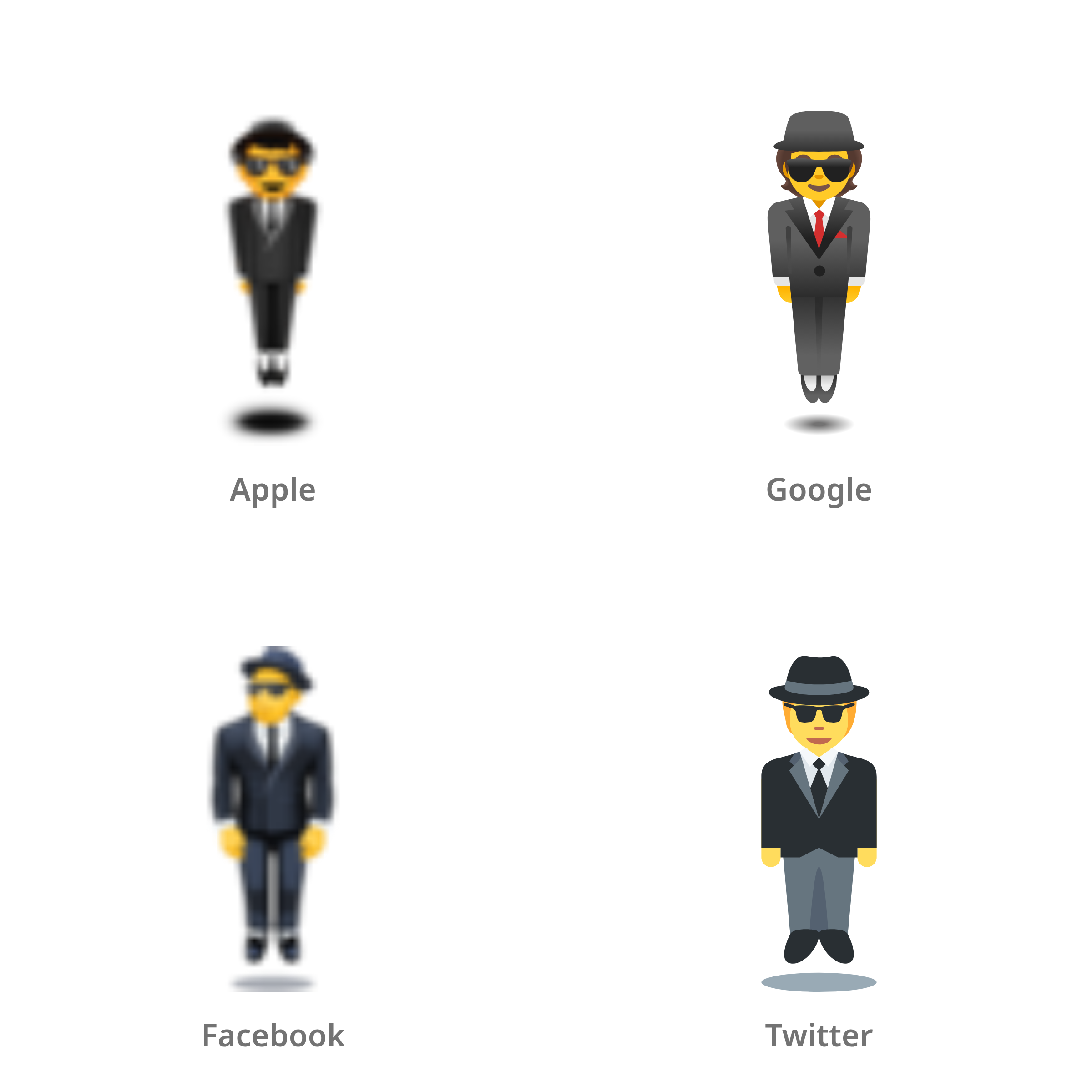 De emoji zwevende man in pak in Apple-, Google-, Facebook- en Twitter-stijl